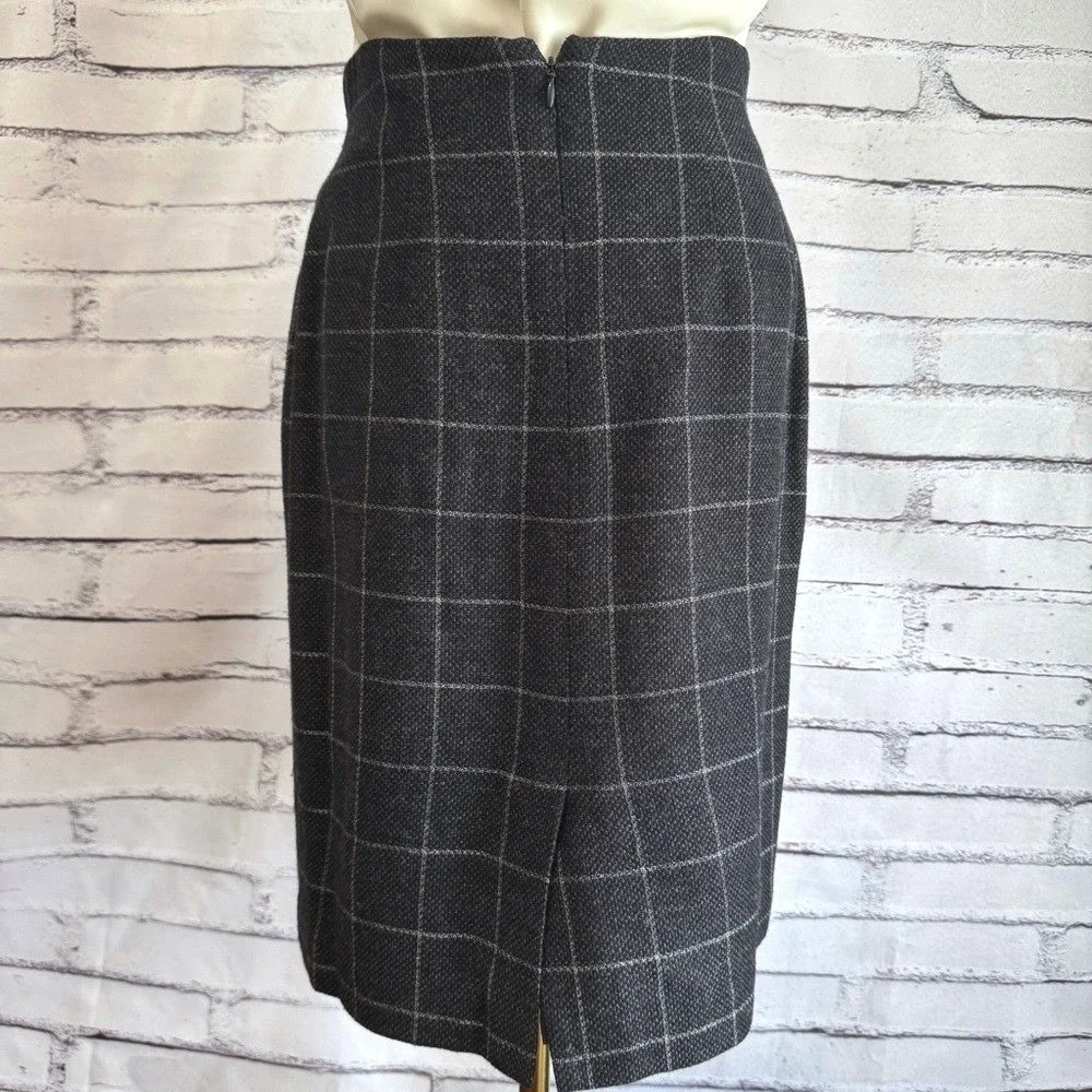 Vintage Wool Windowpane‎ Pencil Skirt High Waist Gray Career Academia Size 8